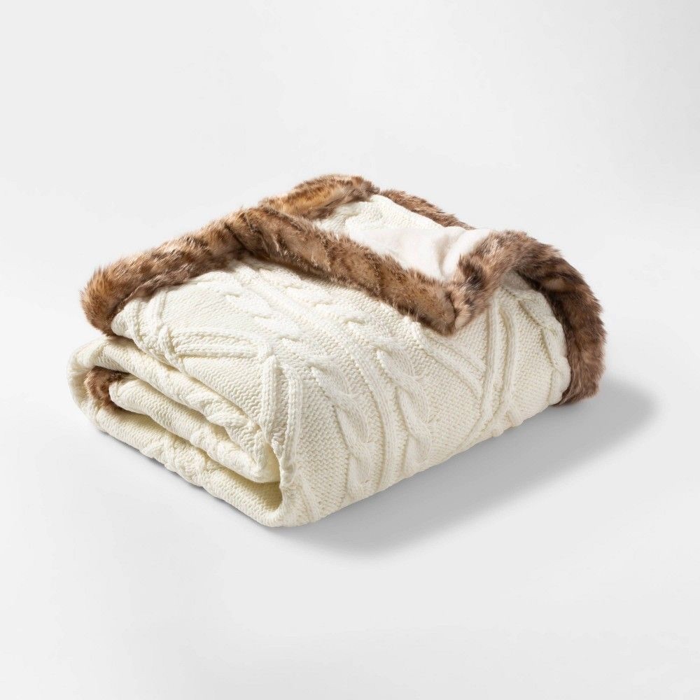 Threshold Cable Knit Throw Blanket with Mink Faux Fur Reverse and Faux Fur Trim